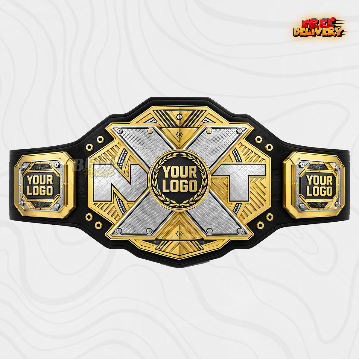 Custom Silver Gold X Plate Championship Belt in black genuine leather strap showing two-tone X shaped centre plate by Belts Forge