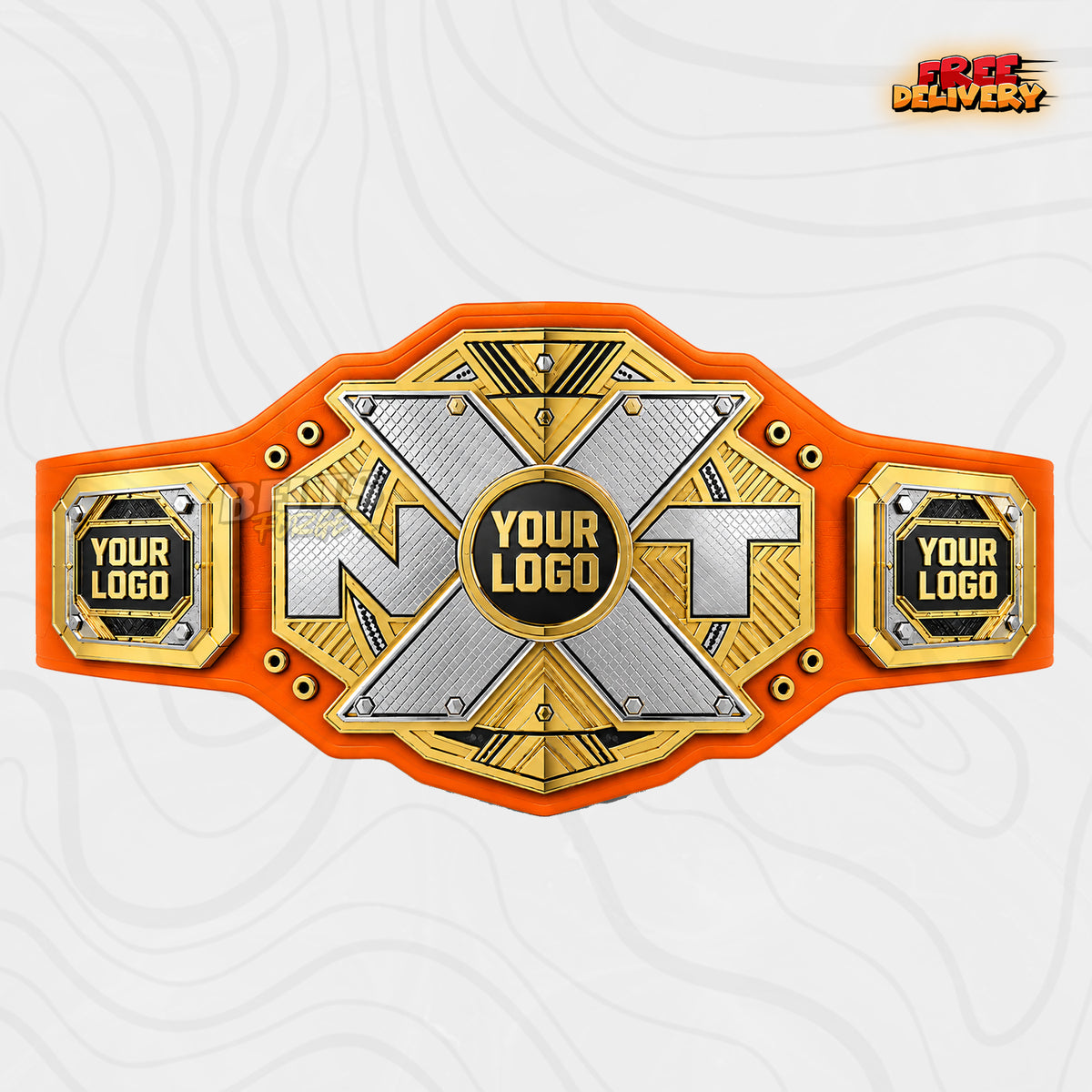 Custom Silver Gold X Plate Championship Belt in orange genuine leather strap showing gold X centre plate with three logo side plates