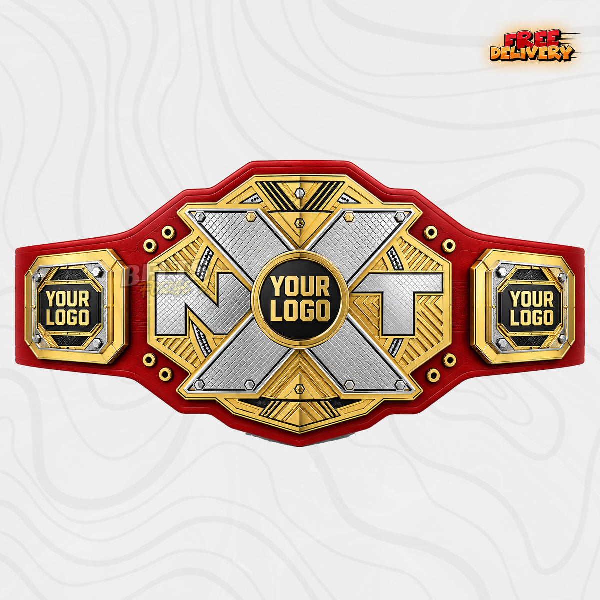 Custom Silver Gold X Plate Championship Belt in red genuine leather strap showing two-tone X plate with personalized logo text