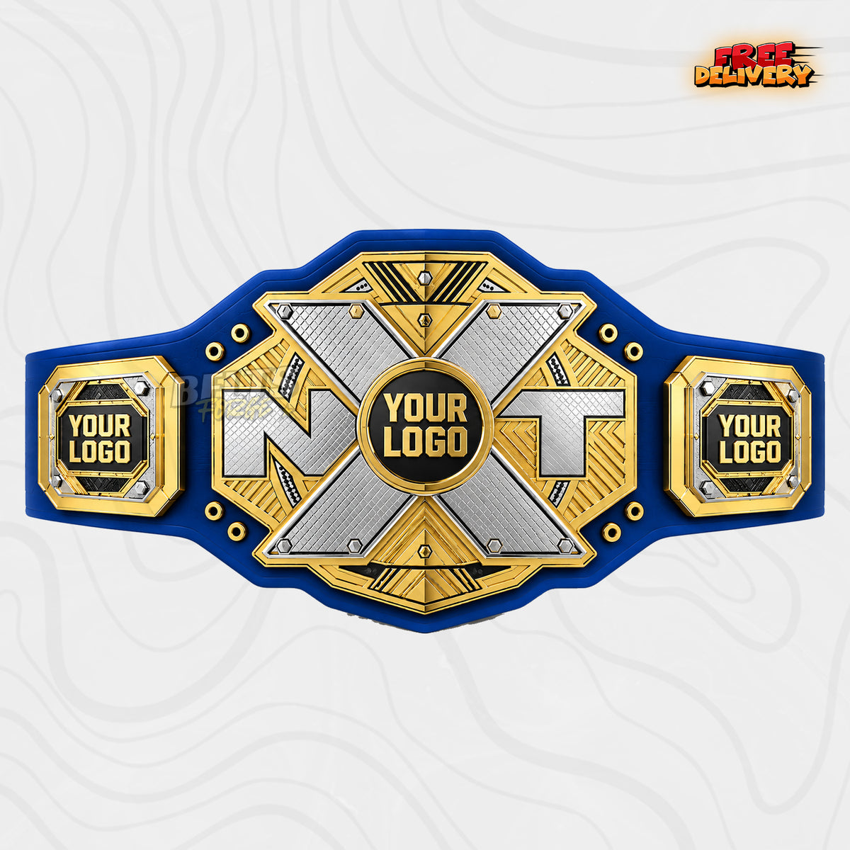 Custom Silver Gold X Plate Championship Belt in royal blue genuine leather strap showing gold X centre plate with custom logo
