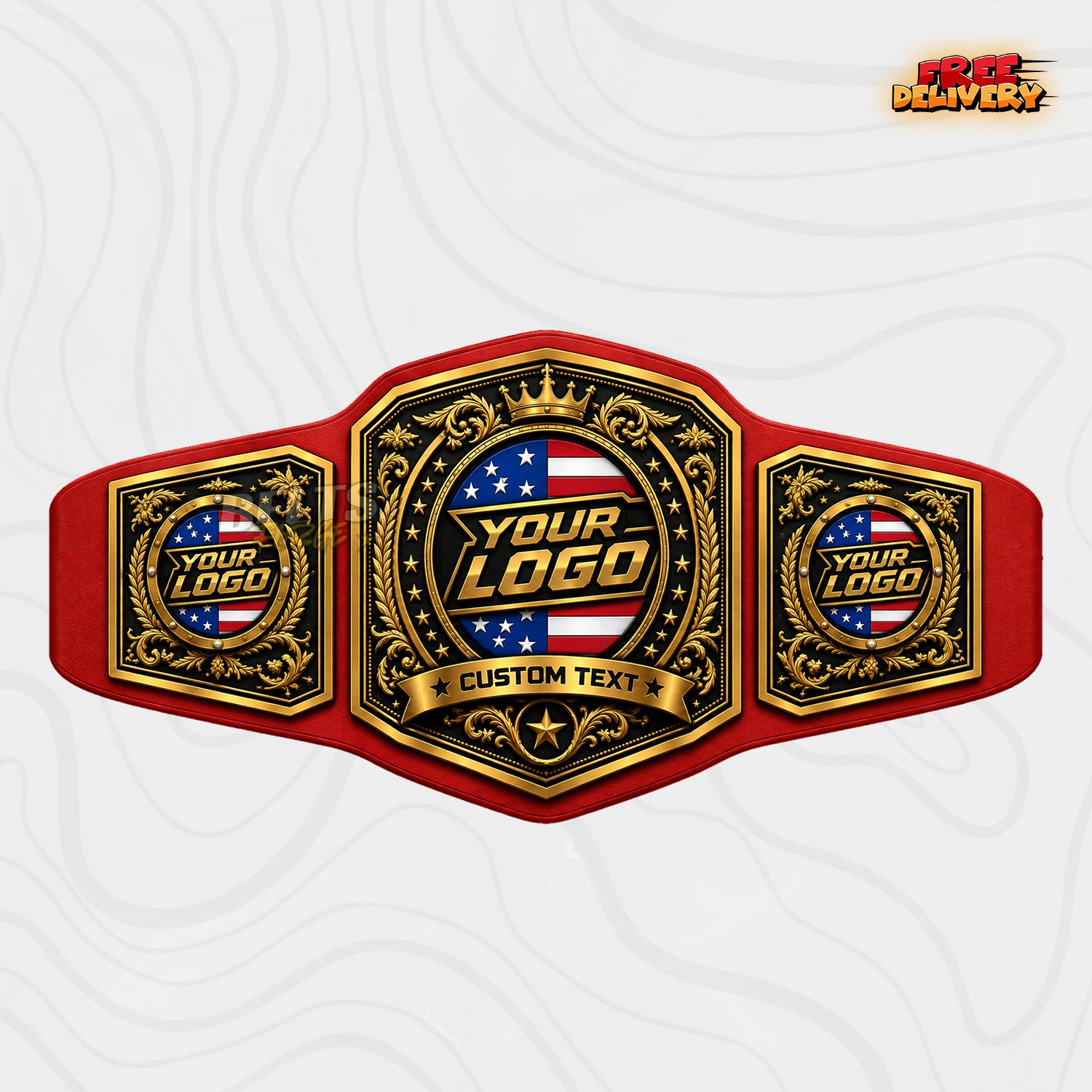 Custom Patriotic Gold Championship Belt in red genuine leather strap showing gold plates with USA flag and crown centrepiece