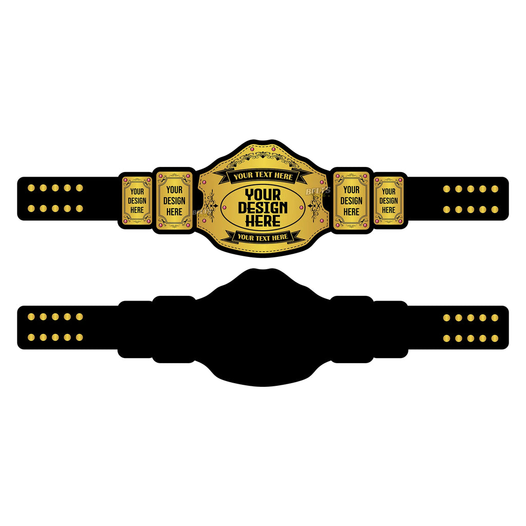 Belts Forge Custom Design Championship Belt design template view showing customisable gold-plated brass main plate layout