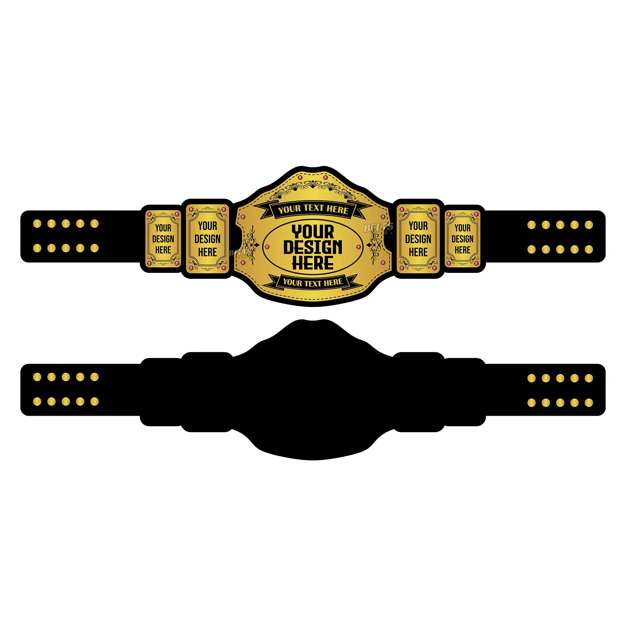 Belts Forge Custom Design Championship Belt design template view showing customisable gold-plated brass main plate layout