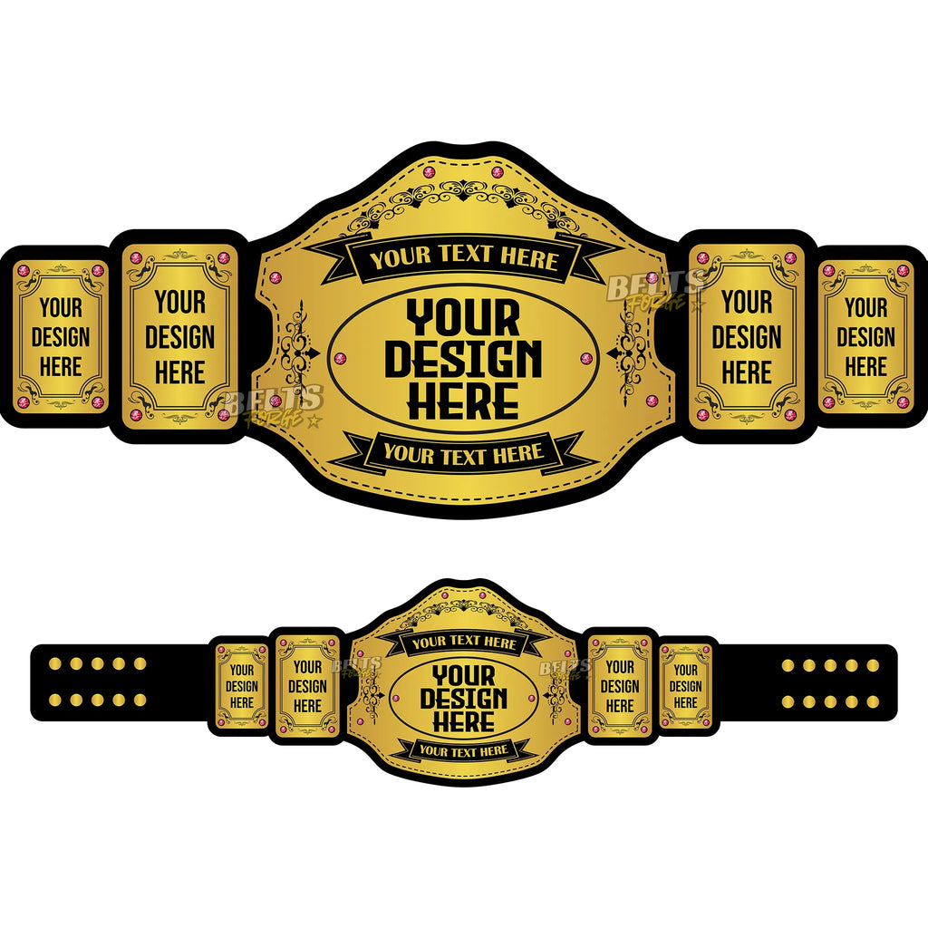 Belts Forge Custom Design Championship Belt front and back template view showing full belt layout with gold plates and leather strap