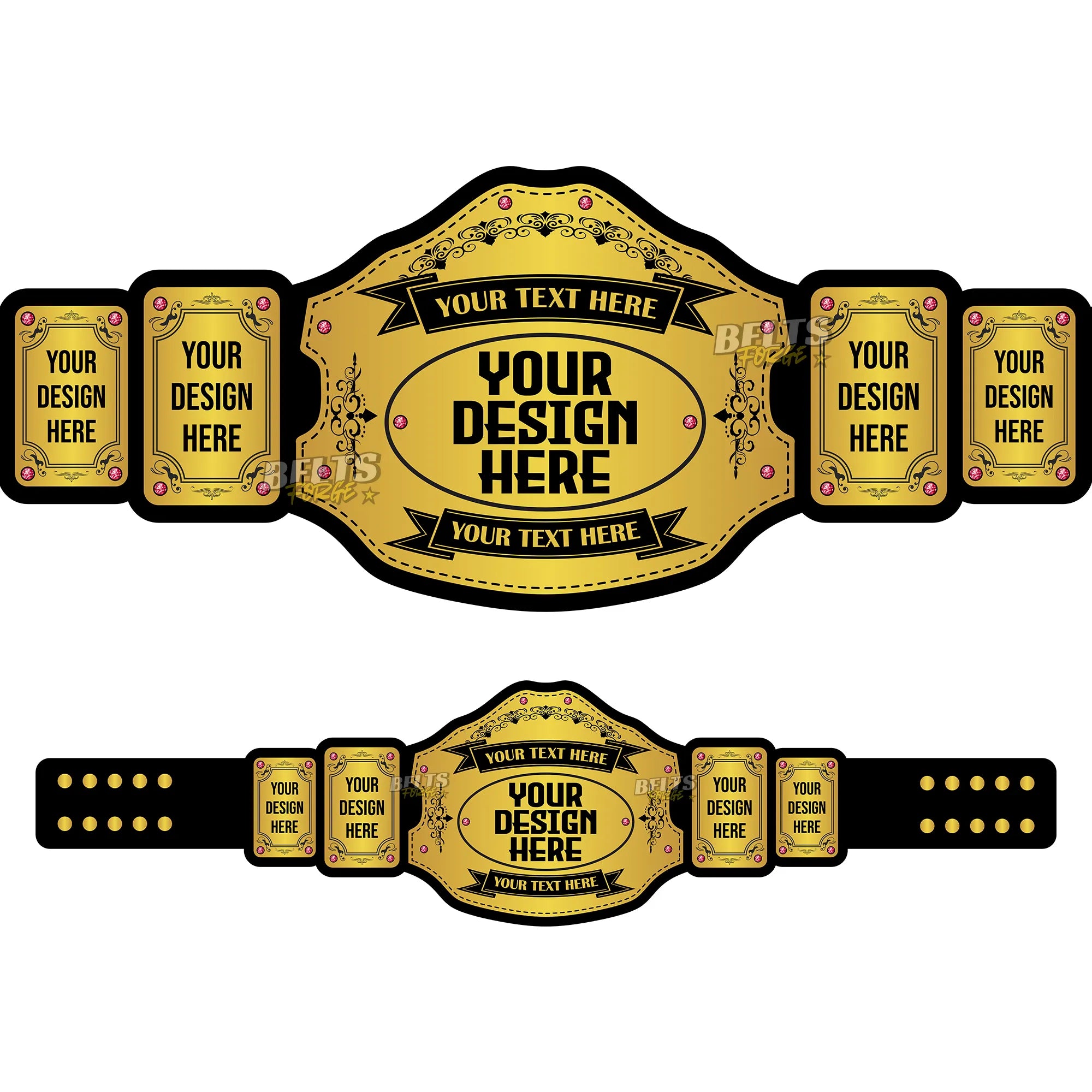 Belts Forge Custom Design Championship Belt front and back template view showing full belt layout with gold plates and leather strap