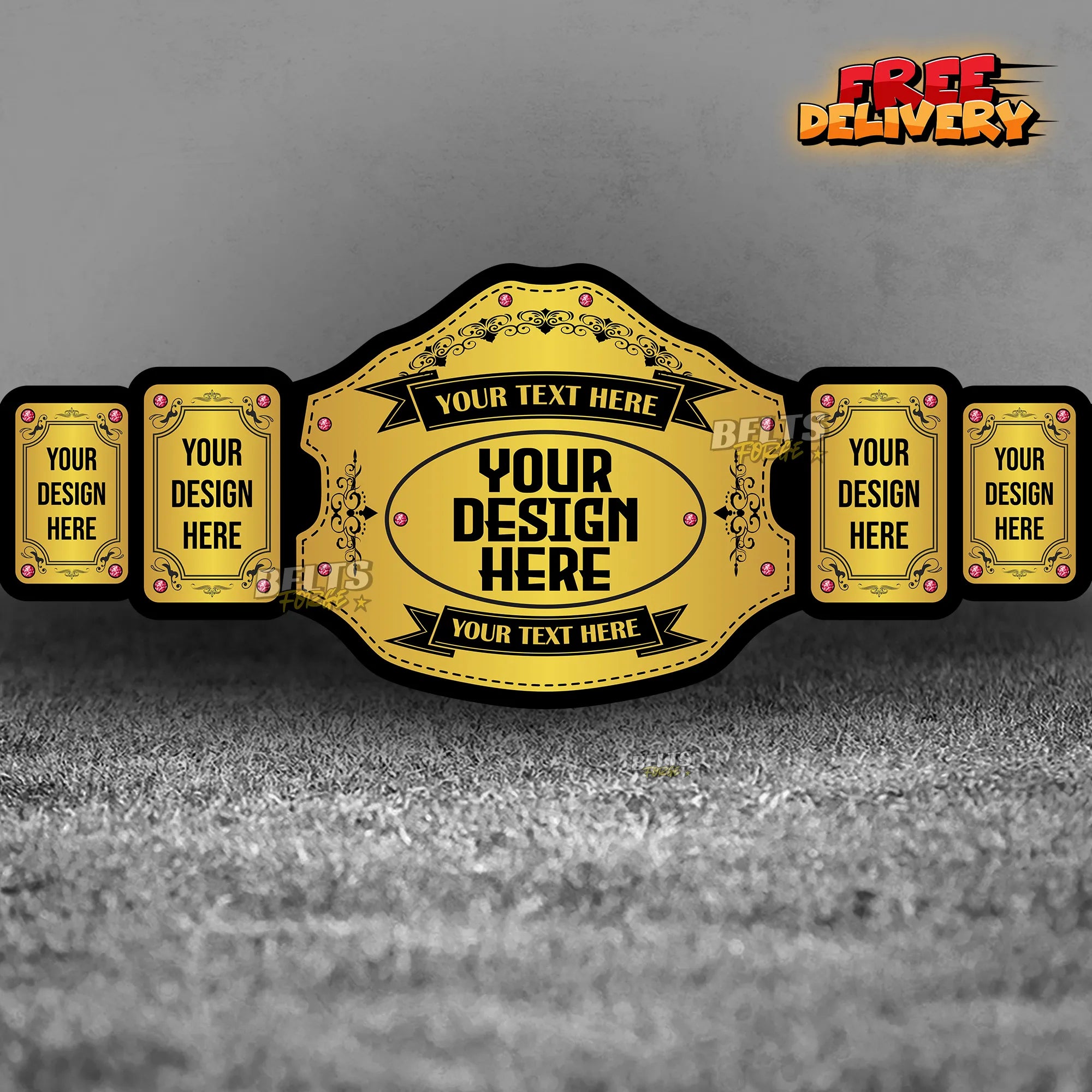 Belts Forge Custom Design Championship Belt lifestyle photo showing personalized gold-plated brass plates on genuine leather strap