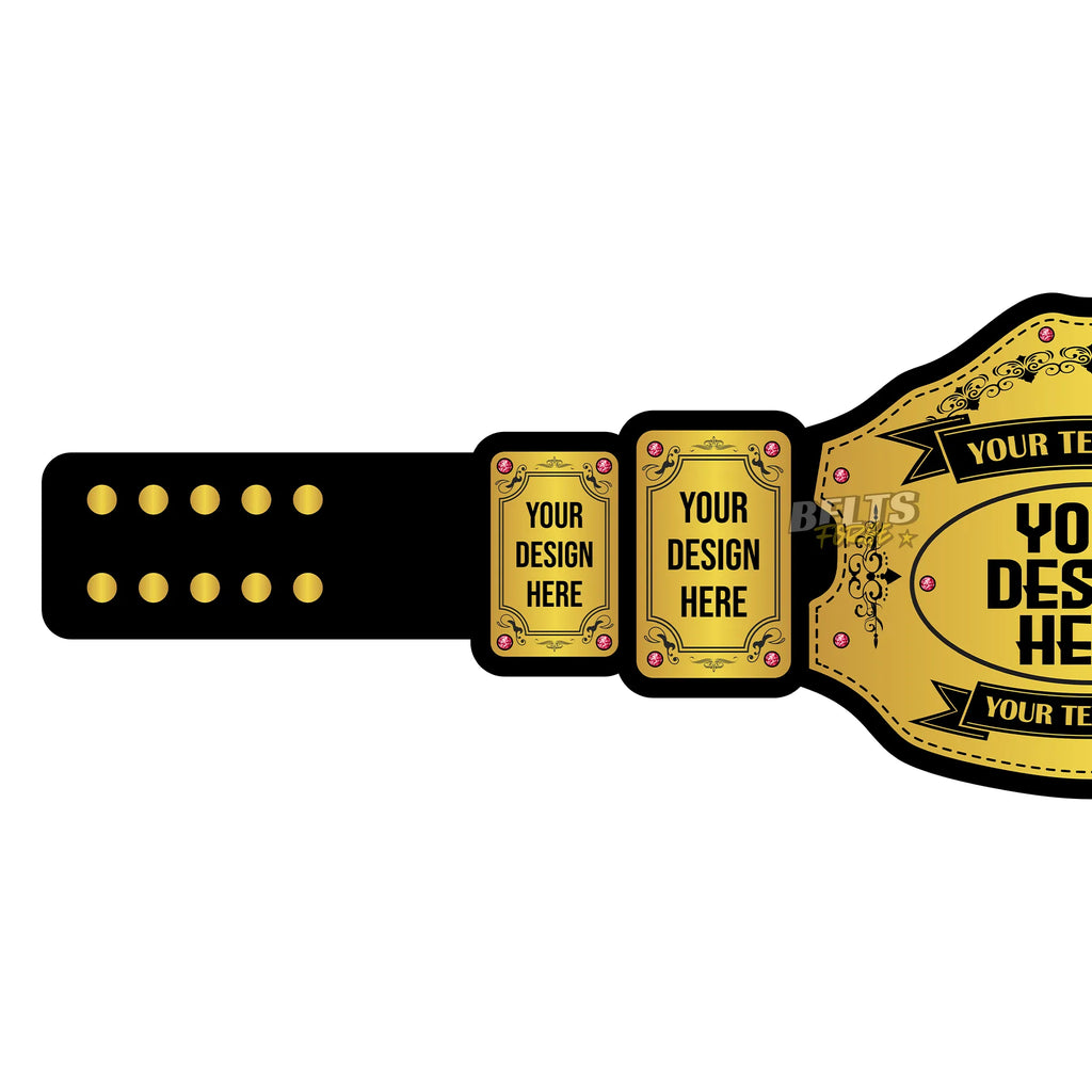 Belts Forge Custom Design Championship Belt left side plate template showing gold-plated brass plate ready for name or logo engraving