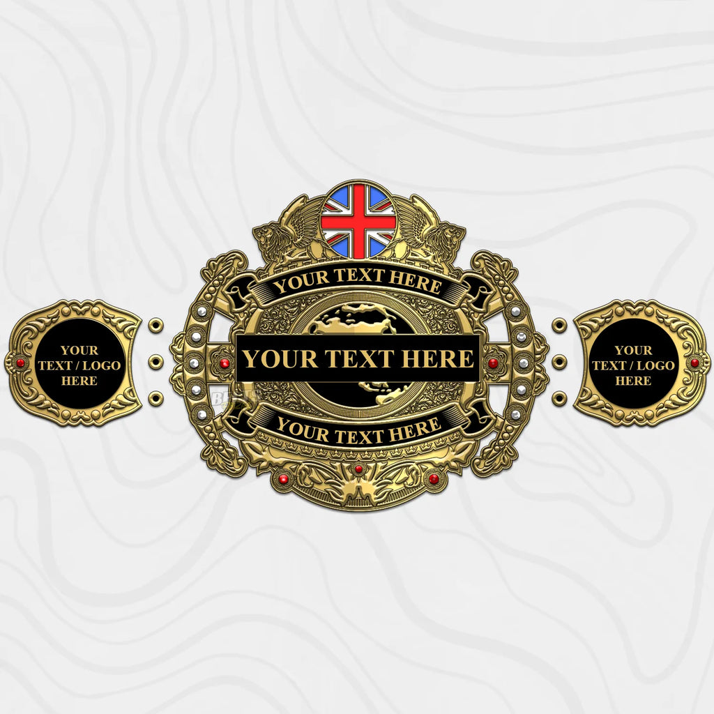 Custom Victorian Gold Championship Belt center plate close-up showing Victorian world map engraving detail