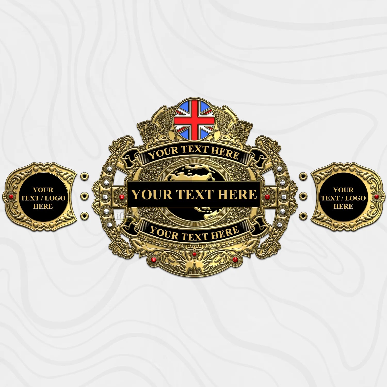 Custom Victorian Gold Championship Belt center plate close-up showing Victorian world map engraving detail