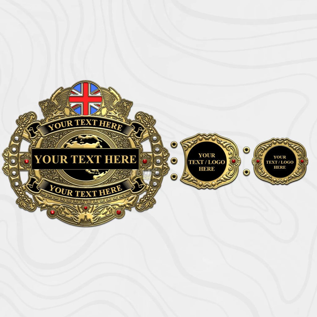 Custom Victorian Gold Championship Belt left strap showing center and side plate detail on genuine leather