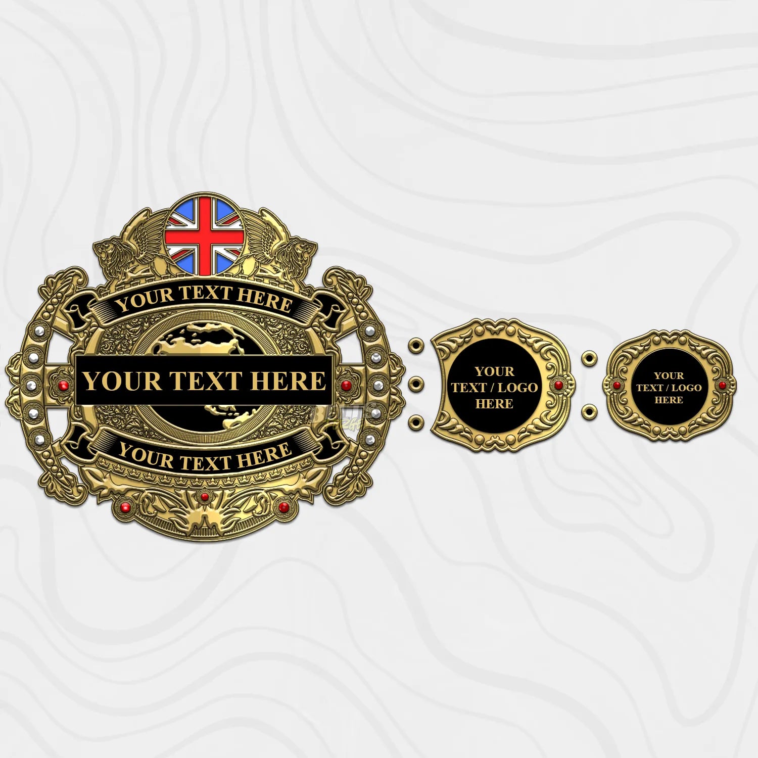Custom Victorian Gold Championship Belt left strap showing center and side plate detail on genuine leather