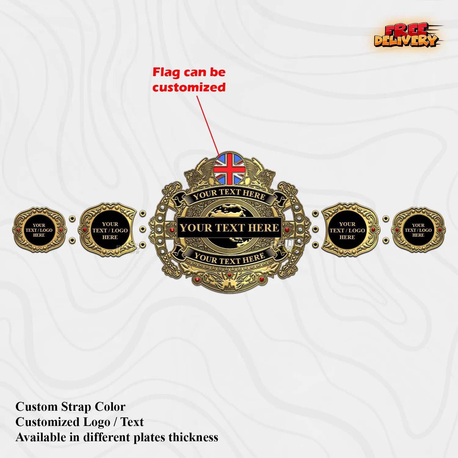 Custom Victorian Gold Championship Belt promotional front view showing world map center plate and gold-plated side plates by Belts Forge