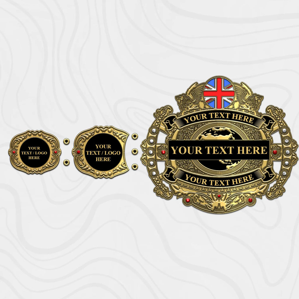 Custom Victorian Gold Championship Belt right strap showing center and side plate detail on genuine leather