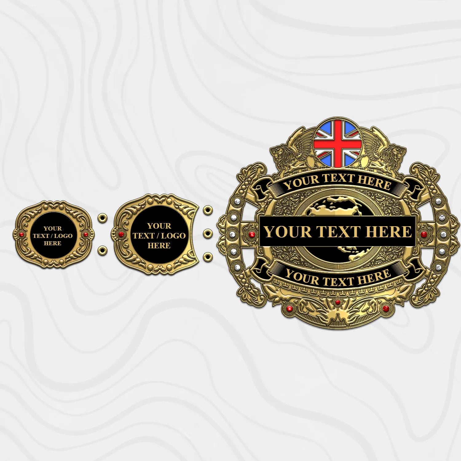Custom Victorian Gold Championship Belt right strap showing center and side plate detail on genuine leather