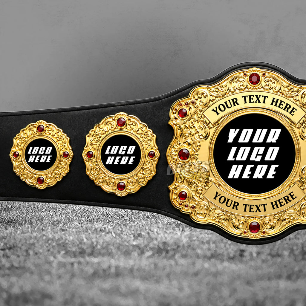 Custom Baroque Gold Championship Belt left strap close-up showing gold-plated center and side plates with ruby gem detail