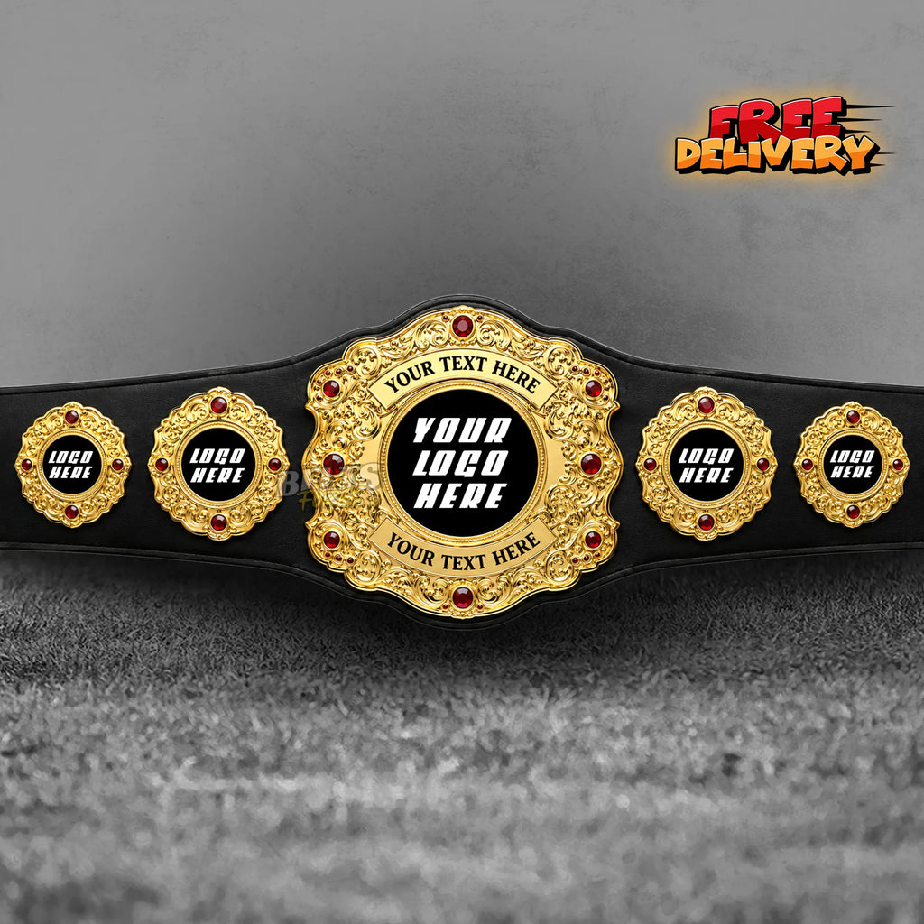 Custom Baroque Gold Championship Belt promotional front view showing filigree center plate and ruby gem accents by Belts Forge
