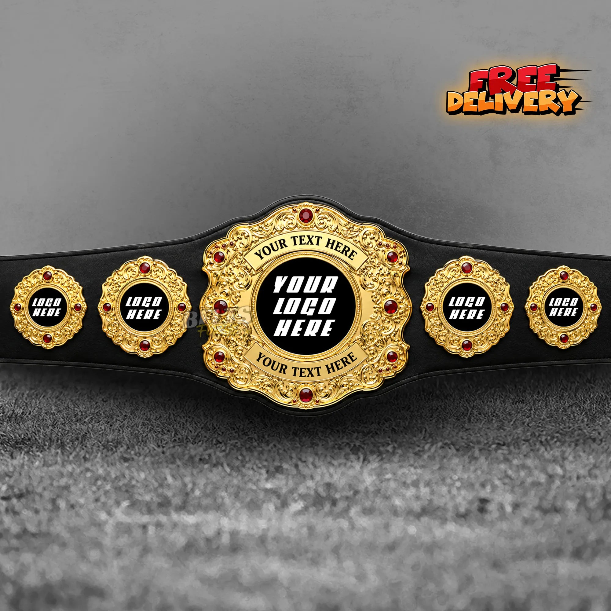 Custom Baroque Gold Championship Belt promotional front view showing filigree center plate and ruby gem accents by Belts Forge