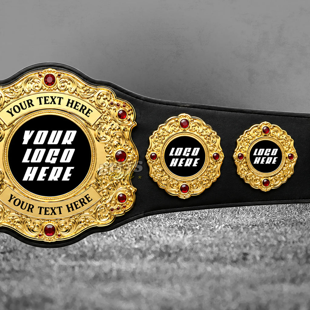 Custom Baroque Gold Championship Belt right strap close-up showing gold-plated center and side plates with ruby gem detail