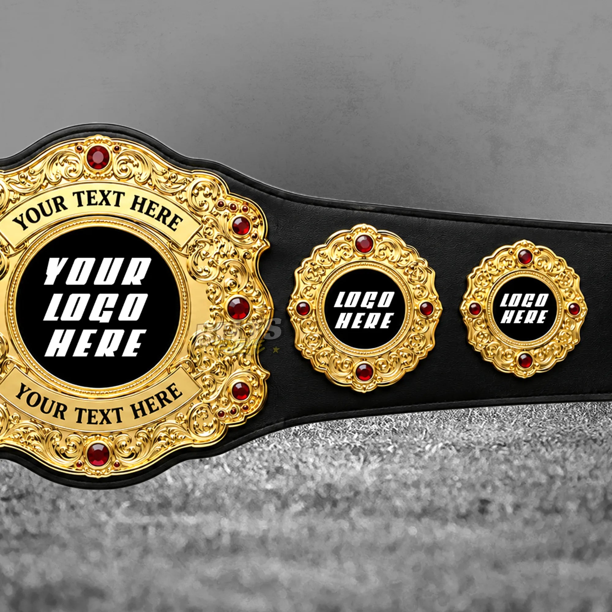 Custom Baroque Gold Championship Belt right strap close-up showing gold-plated center and side plates with ruby gem detail