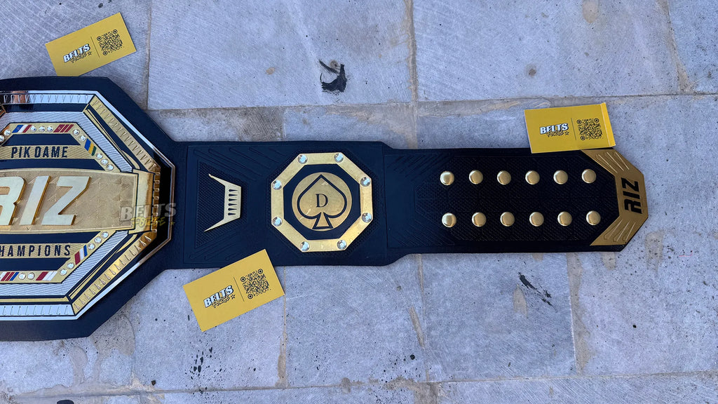 Custom UFC style championship belt right strap showing spade side plate and buckle detail
