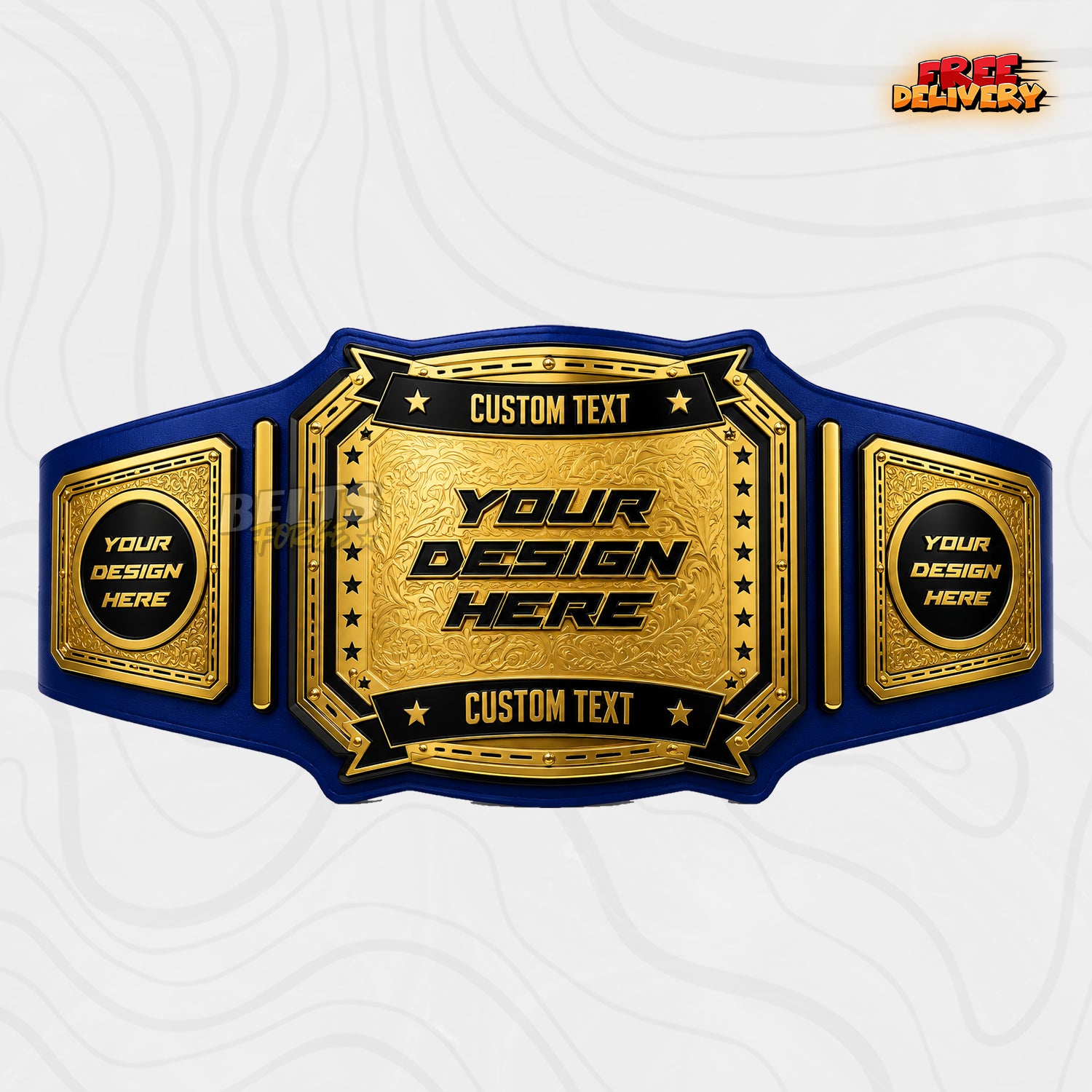 Custom Western Rodeo Championship Belt in royal blue genuine leather strap showing gold scrollwork plates ready for custom design