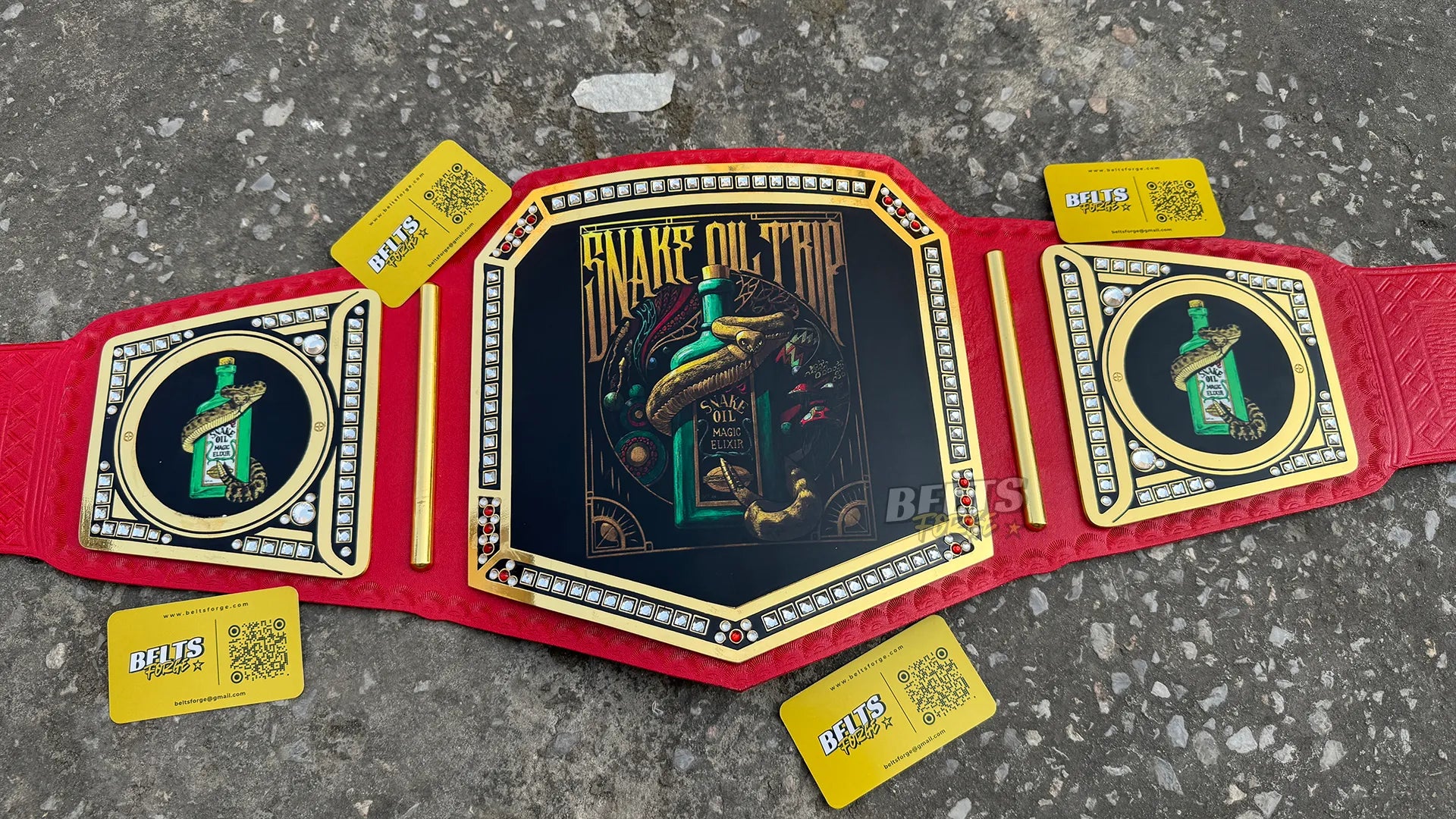 Custom Novelty Championship Belt angled front view showing center plate and both side plates
