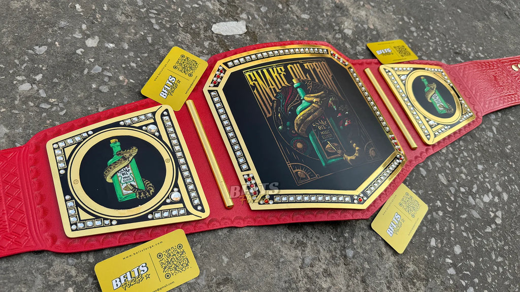 Custom Novelty Championship Belt angled left profile showing center plate and left side plate by Belts Forge