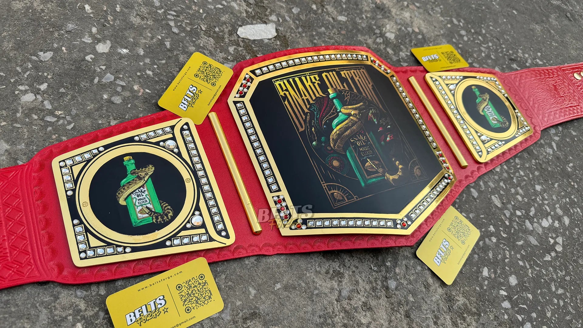 Custom Novelty Championship Belt angled left profile showing center plate and left side plate by Belts Forge