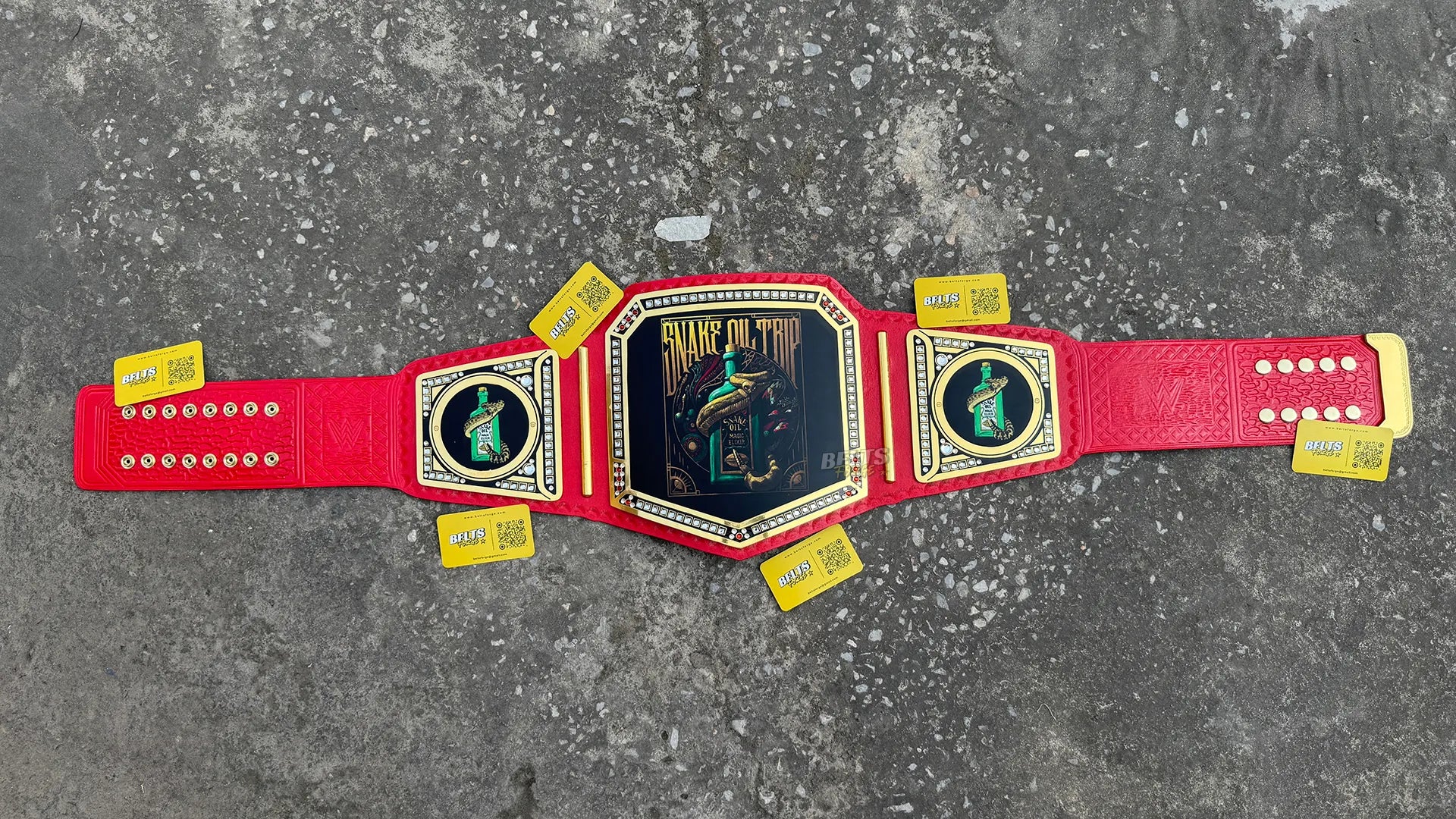 Custom Novelty Championship Belt full overhead flat lay showing all plates and genuine leather strap