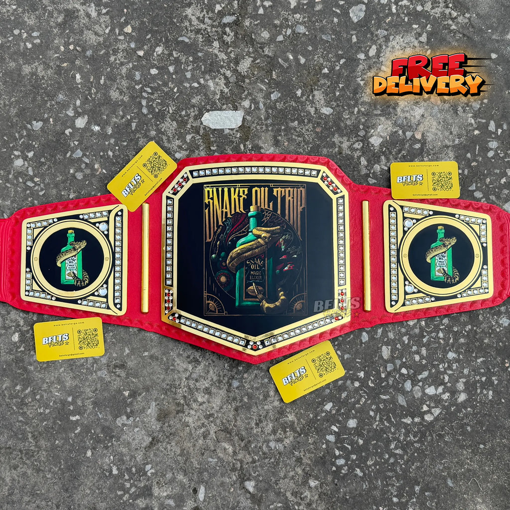 Custom Novelty Championship Belt promotional front view flat lay by Belts Forge