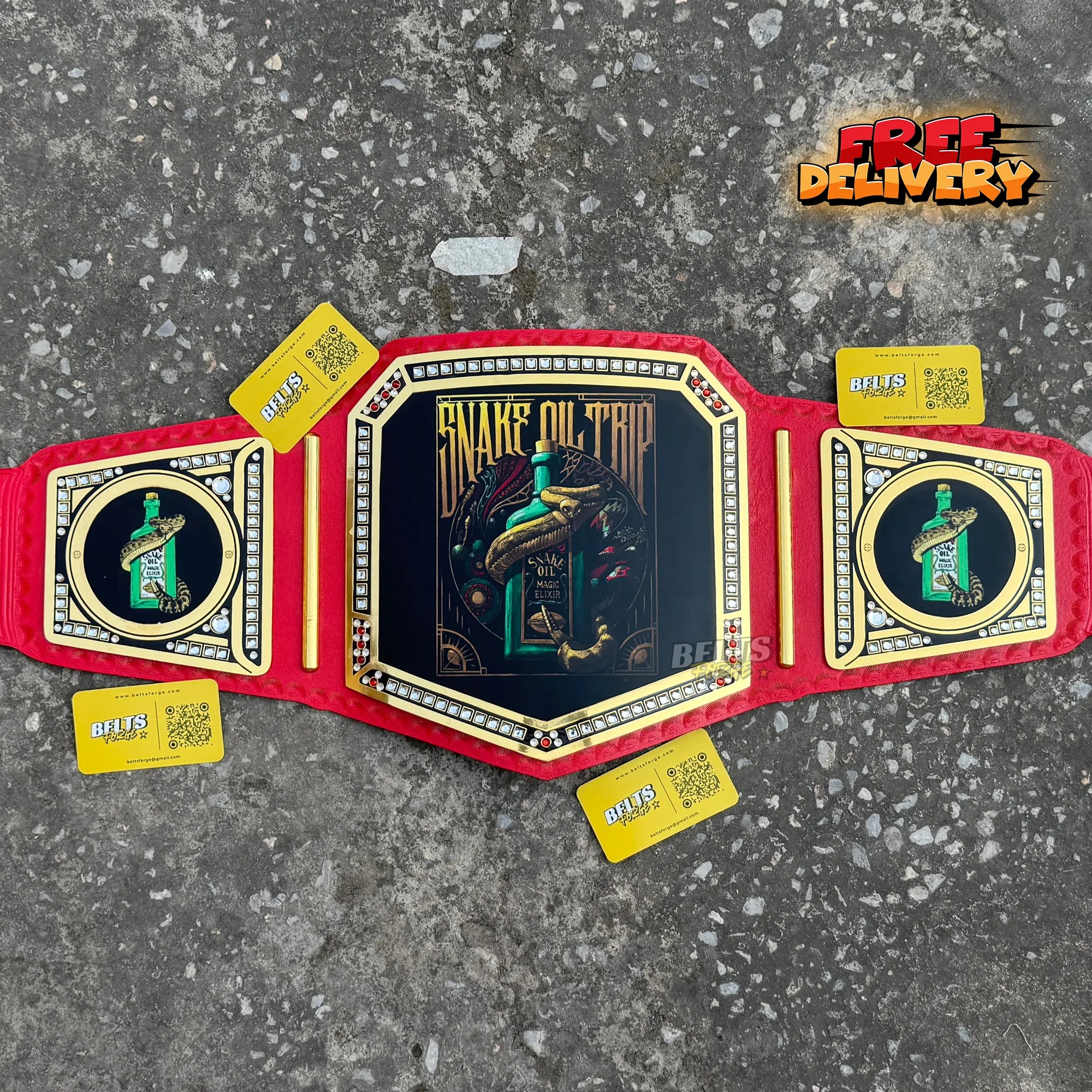 Custom Novelty Championship Belt promotional front view flat lay by Belts Forge