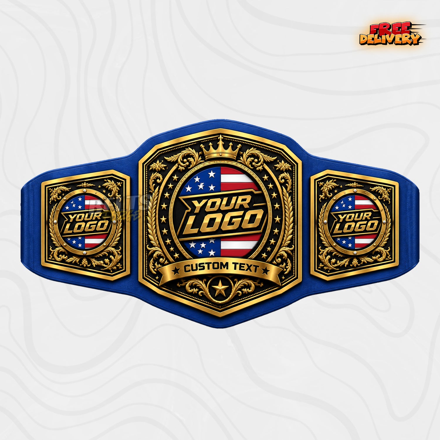 Custom Patriotic Gold Championship Belt in royal blue genuine leather strap showing gold ornate plates with American flag logo