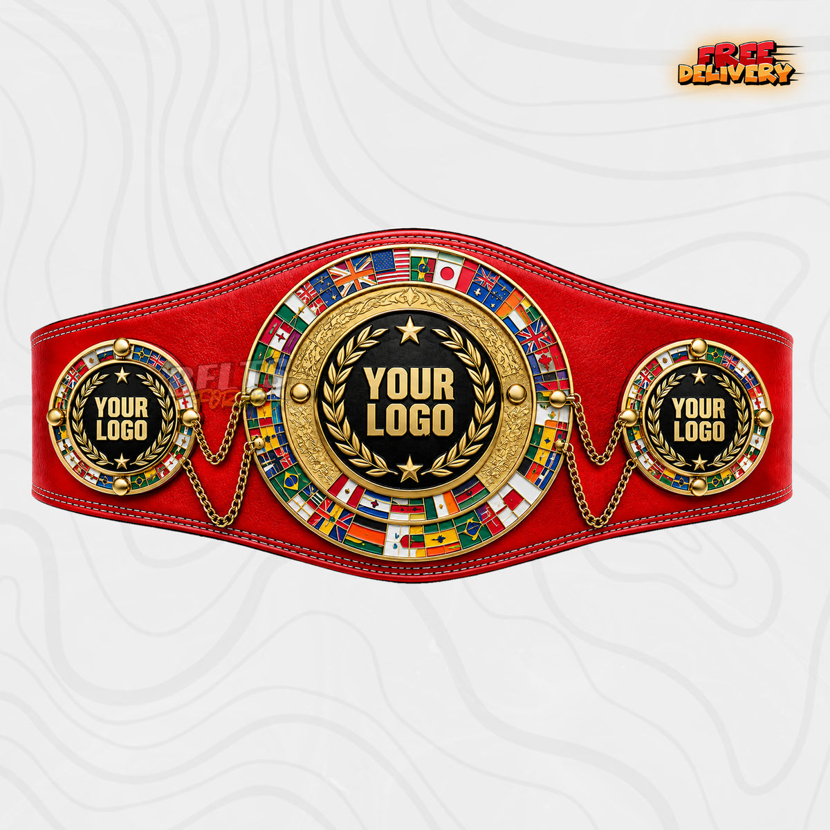 Custom World Flags Boxing Championship Belt in red genuine leather strap showing gold flags and chain plates with personalized logo
