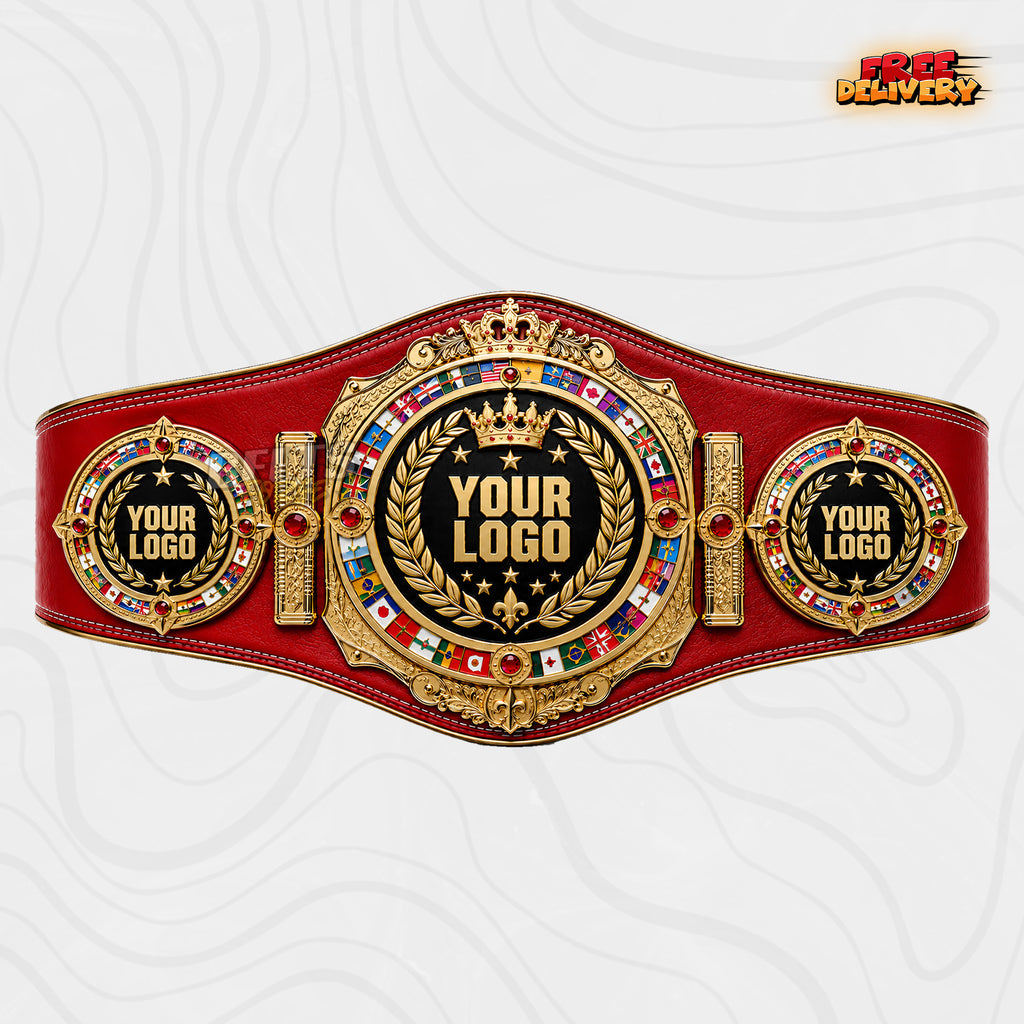 Custom Crown World Flags Boxing Championship Belt in red genuine leather strap showing gold ornate crown plate with red gems and personalized logo