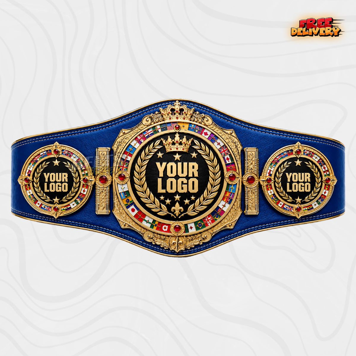 Custom Crown World Flags Boxing Championship Belt in royal blue genuine leather strap showing ornate gold crown flag ring plate