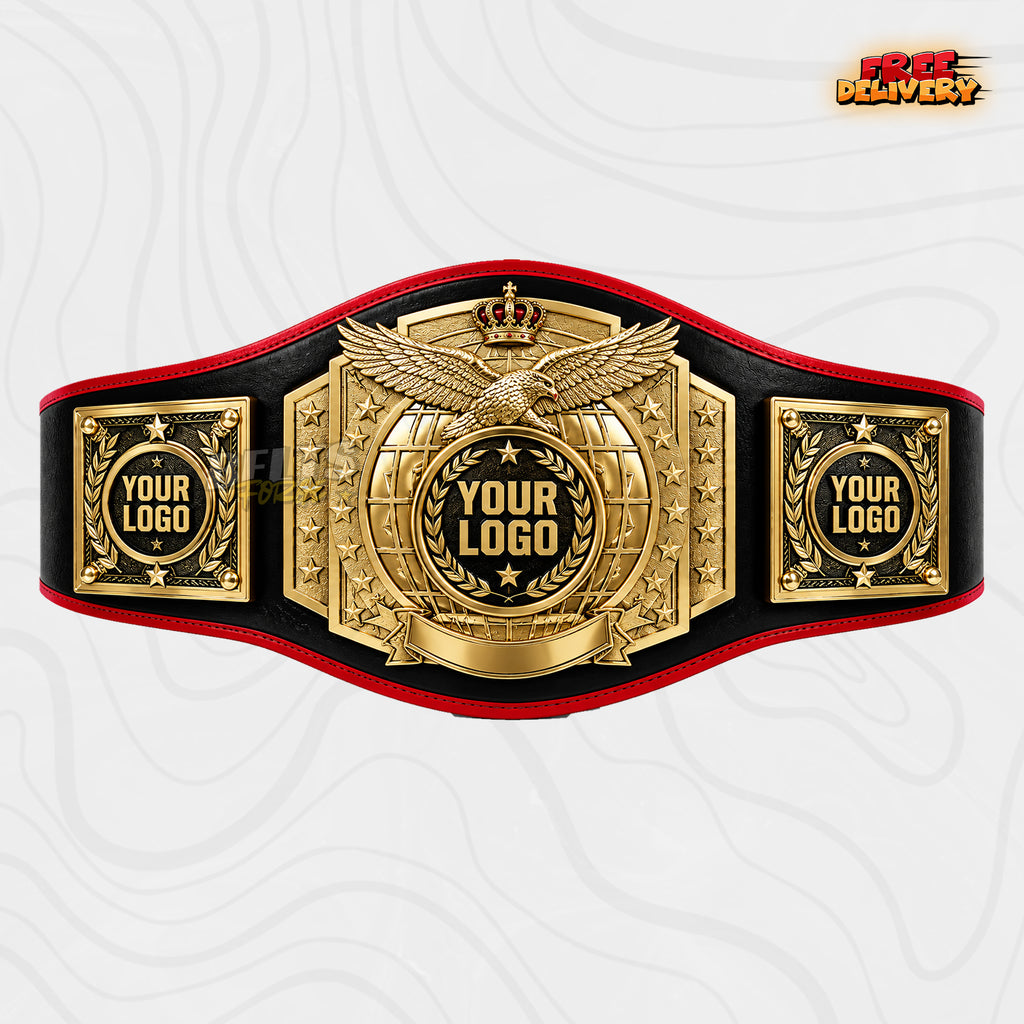 Custom Eagle Crown Globe Championship Belt in black and red genuine leather strap showing gold eagle crown globe plate by Belts Forge