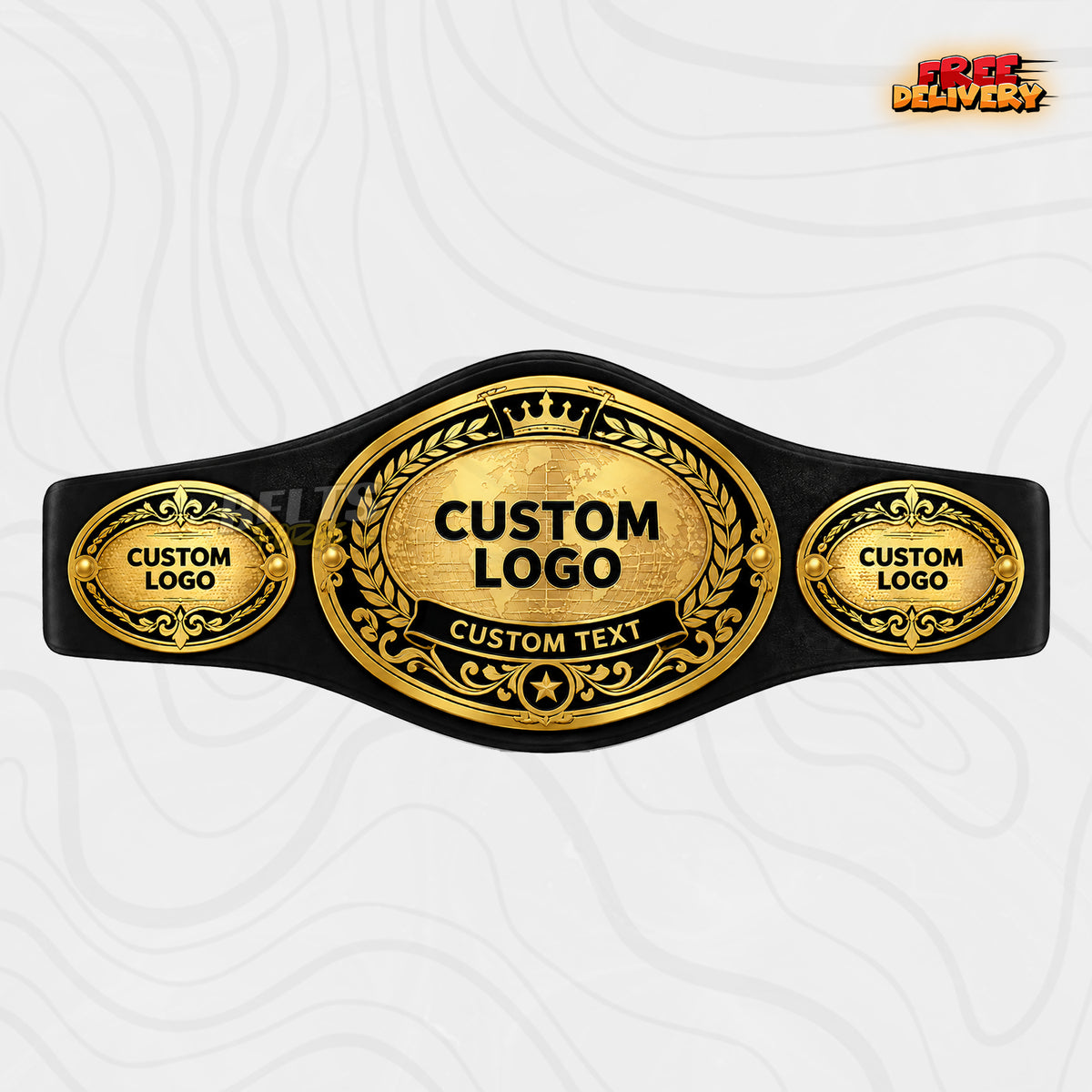 Custom Oval World Globe Championship Belt in black genuine leather strap showing gold oval globe plate with crown and laurel and custom logo