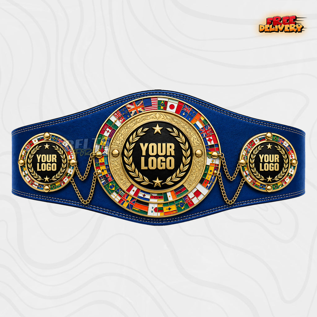 Custom World Flags Boxing Championship Belt in royal blue genuine leather strap showing gold flag ring laurel logo plate