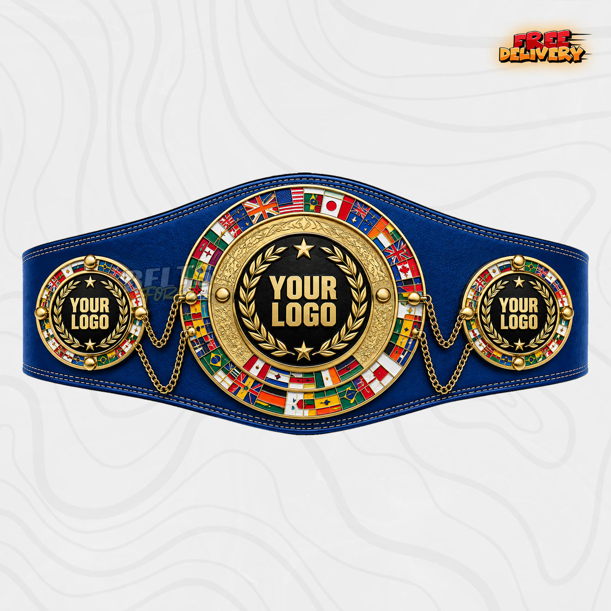 Custom World Flags Boxing Championship Belt in royal blue genuine leather strap showing gold flag ring laurel logo plate