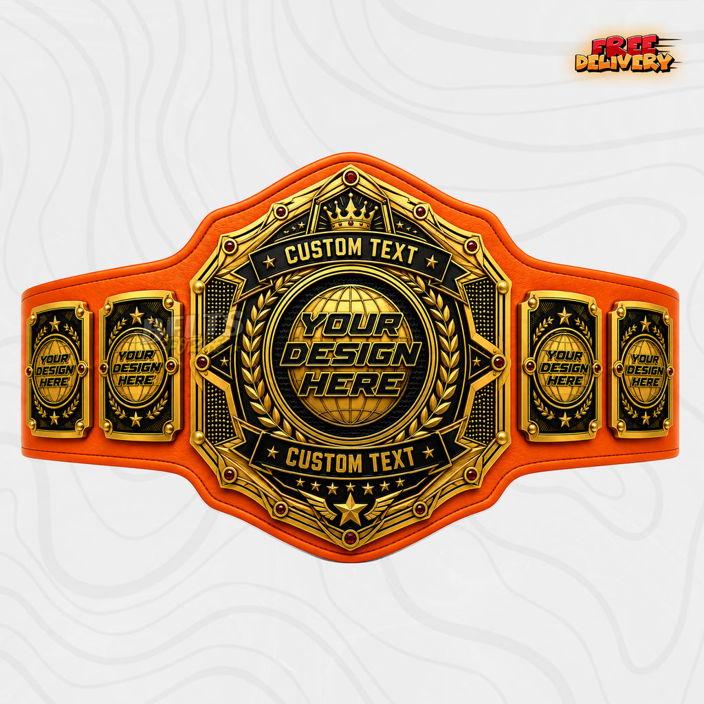 Custom World Globe Crown Championship Belt in orange genuine leather strap showing gold and black octagon plates with four globe side plates