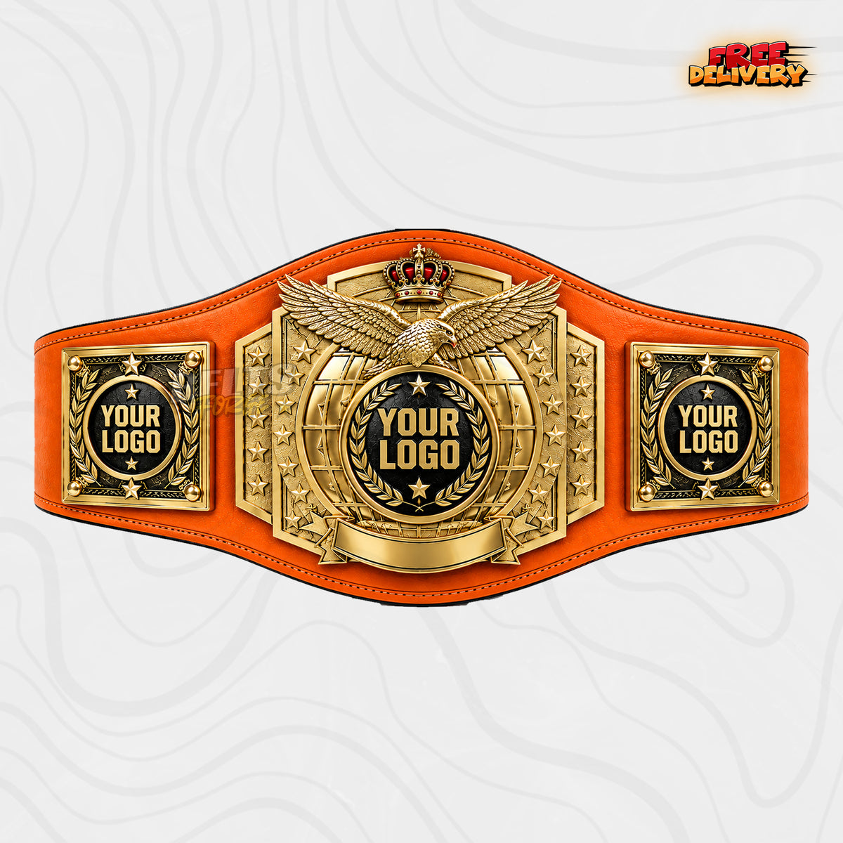 Custom Eagle Crown Globe Championship Belt in orange genuine leather strap showing gold eagle globe plate with three logo side plates