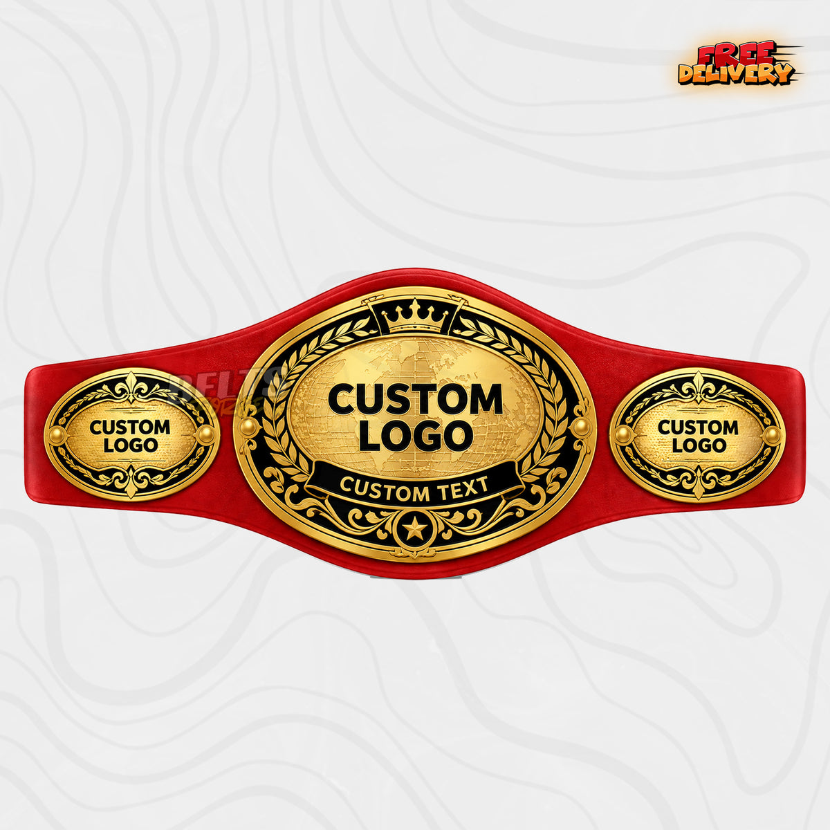 Custom Oval World Globe Championship Belt in red genuine leather strap showing gold laurel globe plate with personalized logo and text