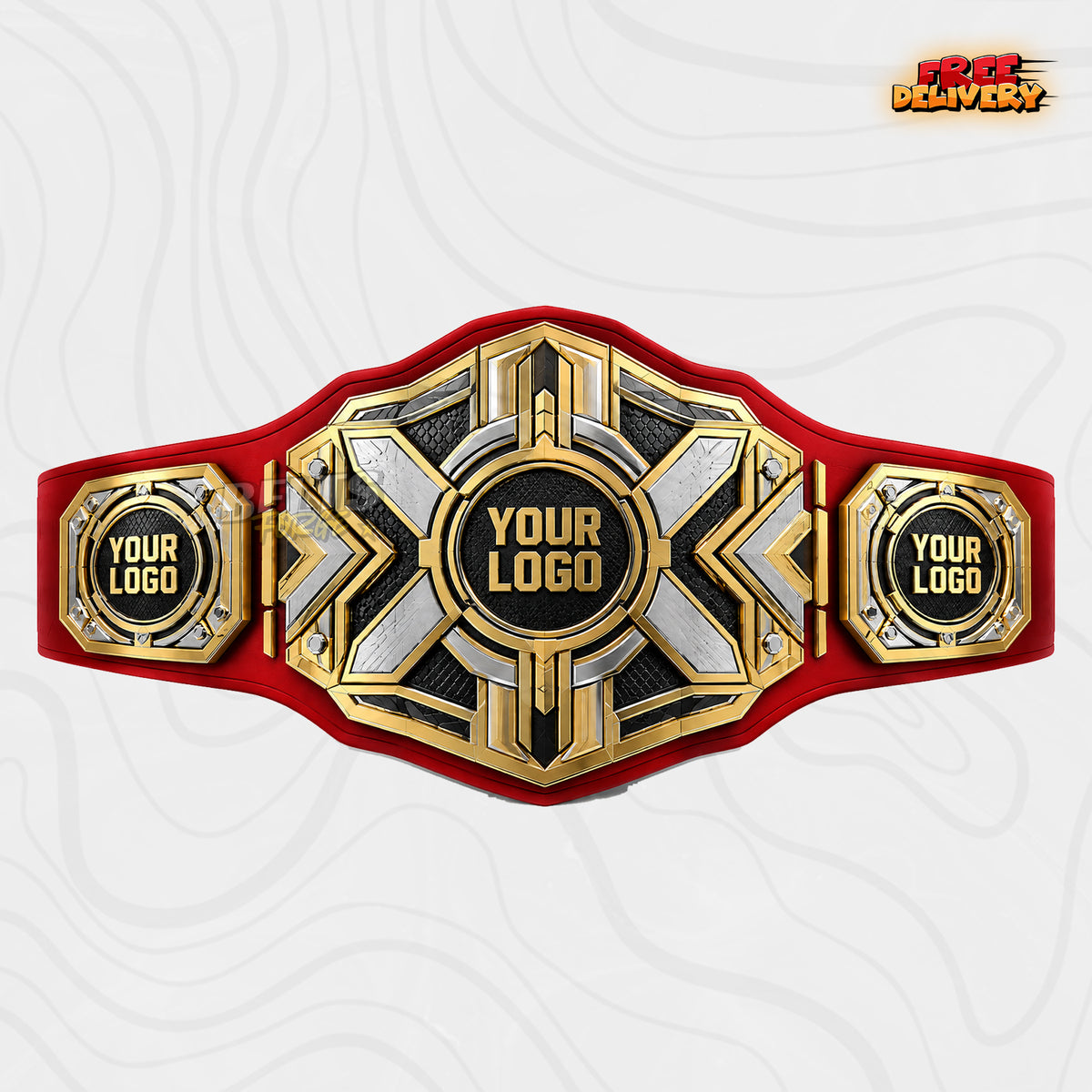 Custom Angular Chevron X Championship Belt in red genuine leather strap showing gold X plate with octagon logo side plates