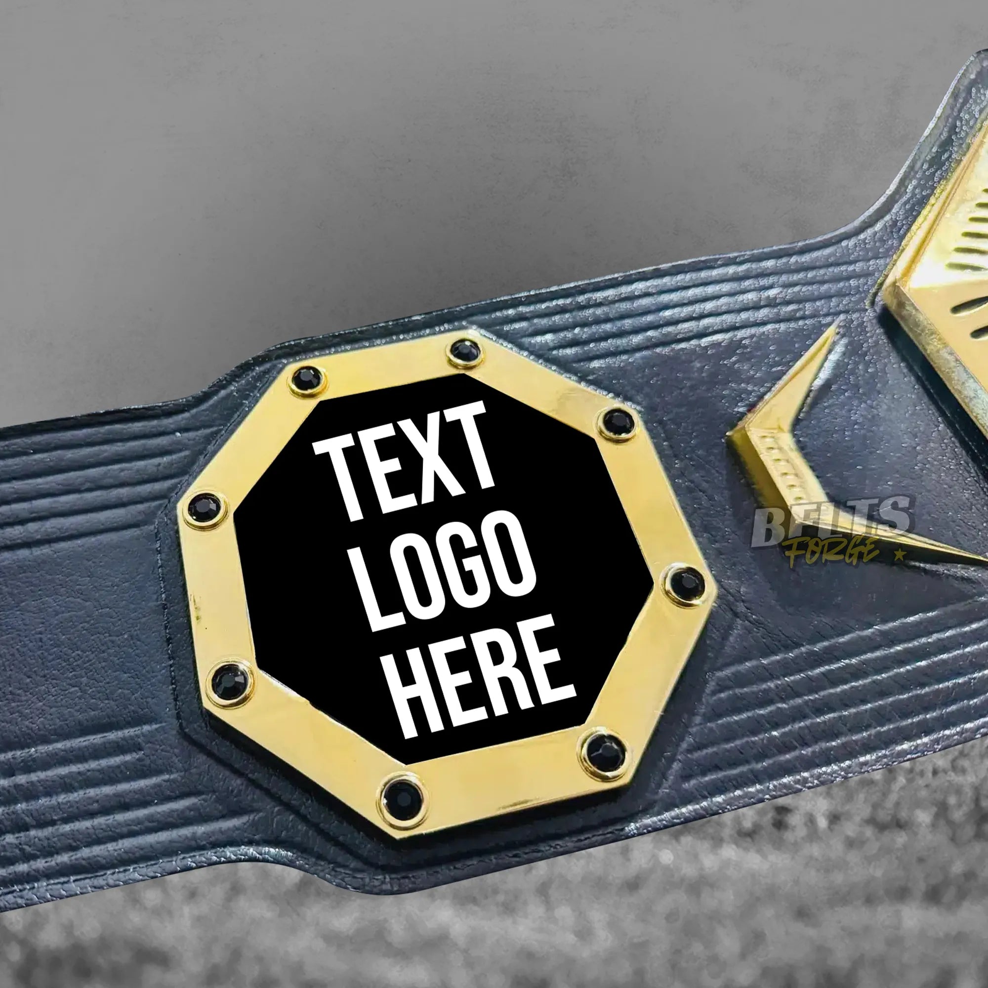 Custom UFC Style Championship Belt angled view showing center and side plates ready for custom text or logo