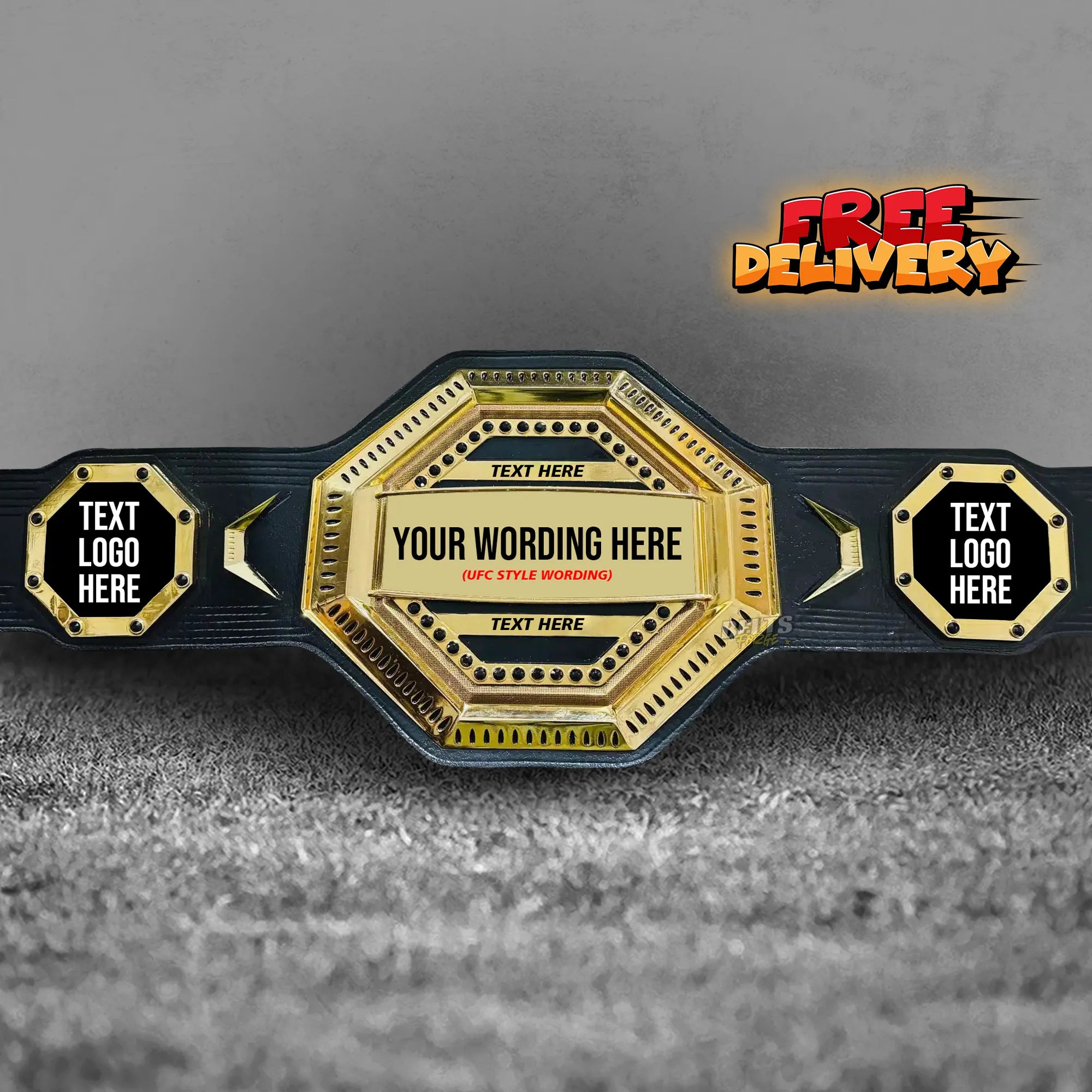 Custom UFC Style Championship Belt front display view showing gold-plated octagon center plate ready for your text by Belts Forge