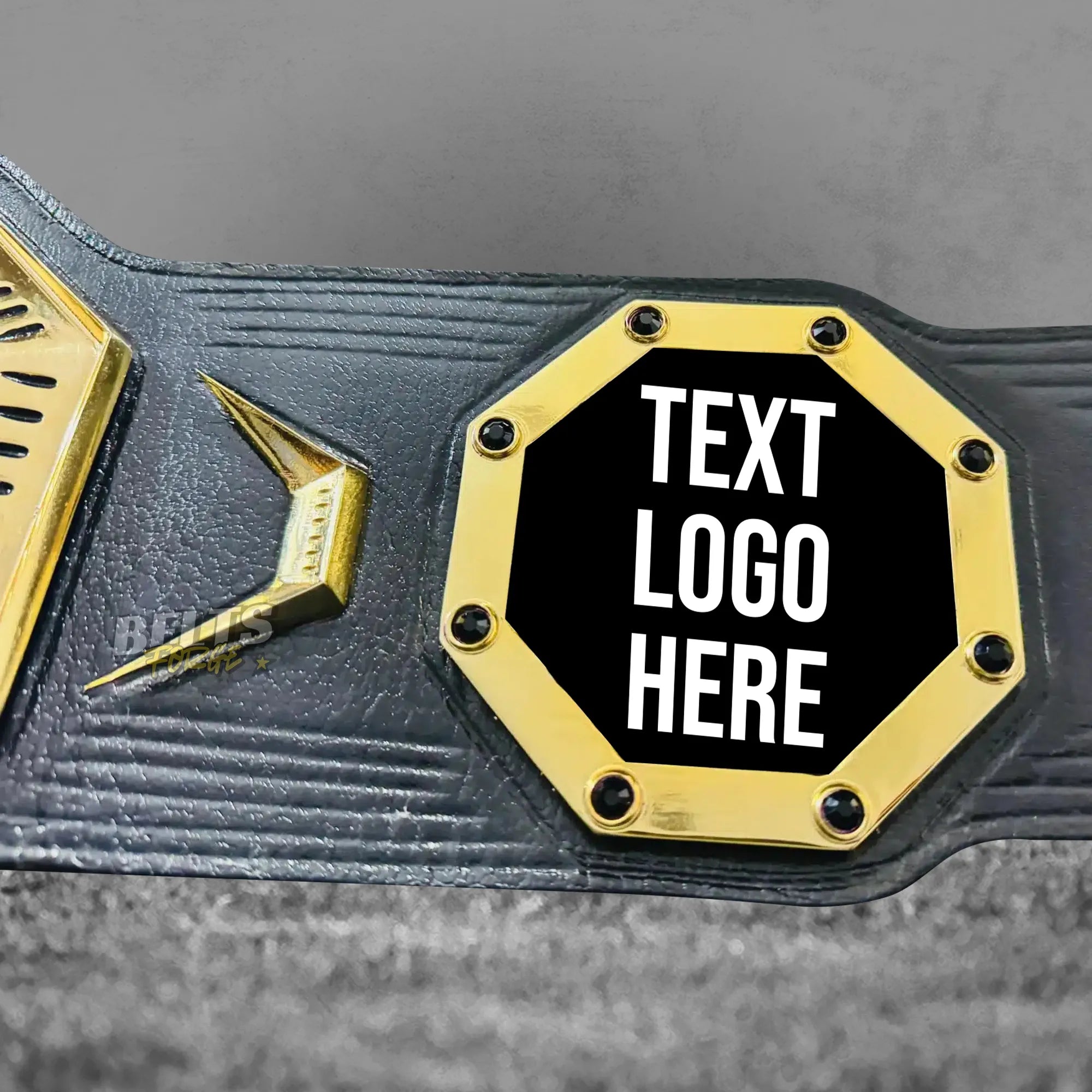 Custom UFC Style Championship Belt full flat lay showing all gold-plated brass plates and genuine leather strap