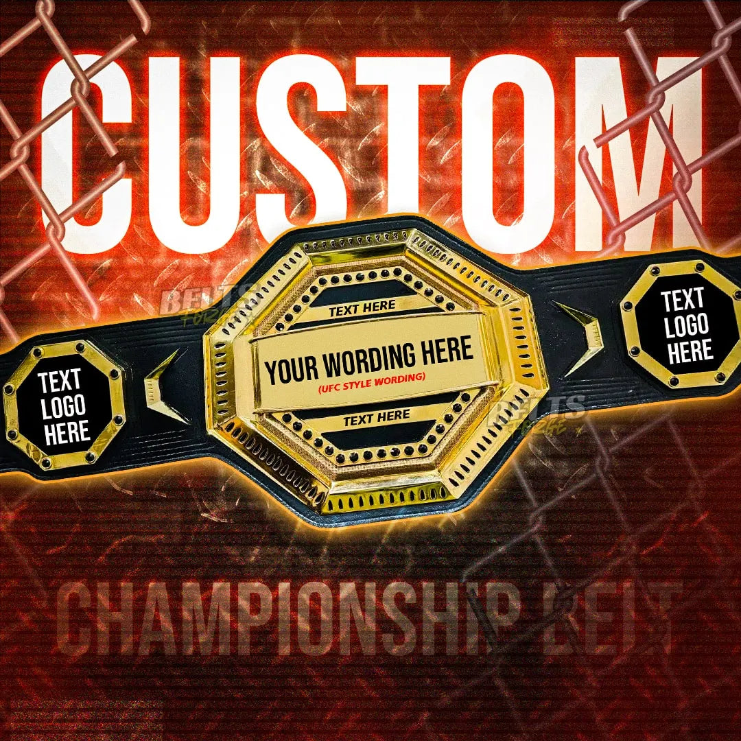 Custom UFC Style Championship Belt promotional listing graphic showing your wording placement on the plates