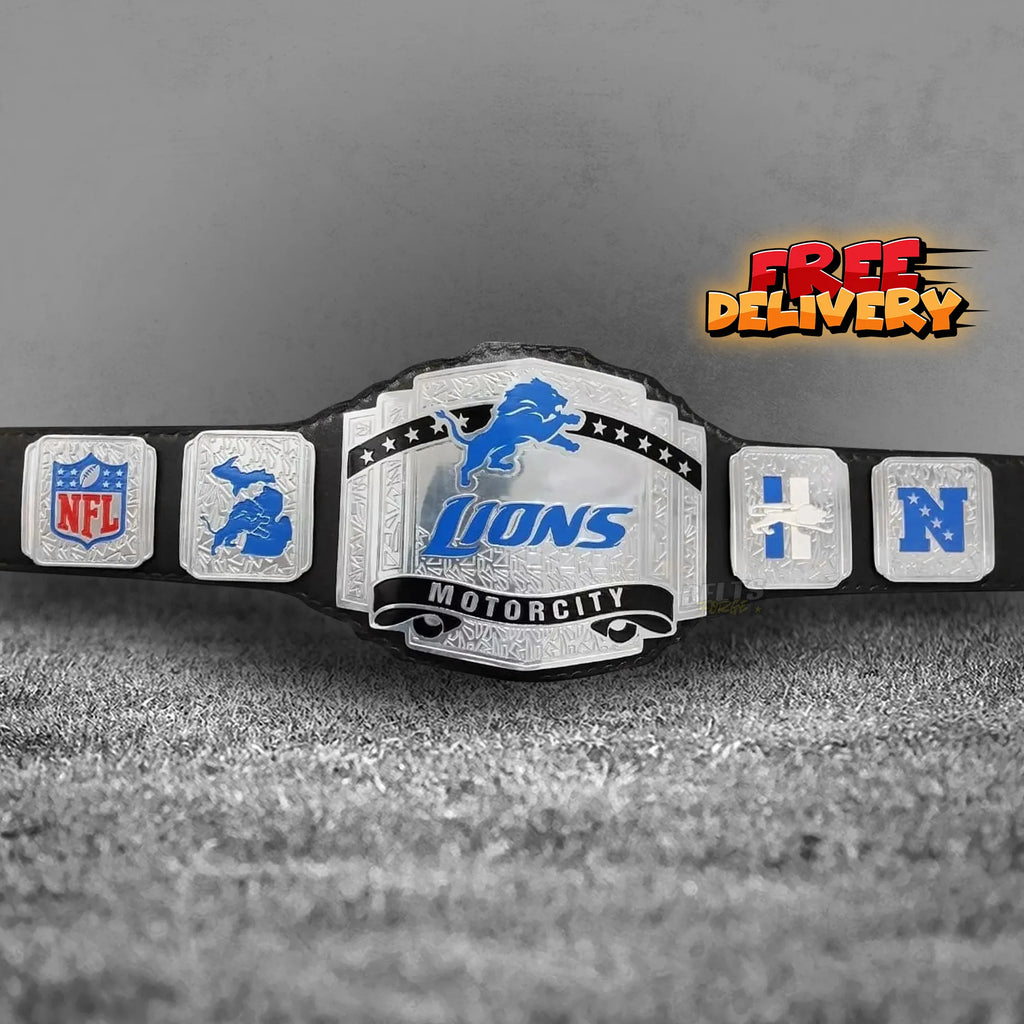 Detroit Lions NFL Championship Belt replica front view, gold-plated brass Lions plates on Honolulu blue printed leather strap by Belts Forge
