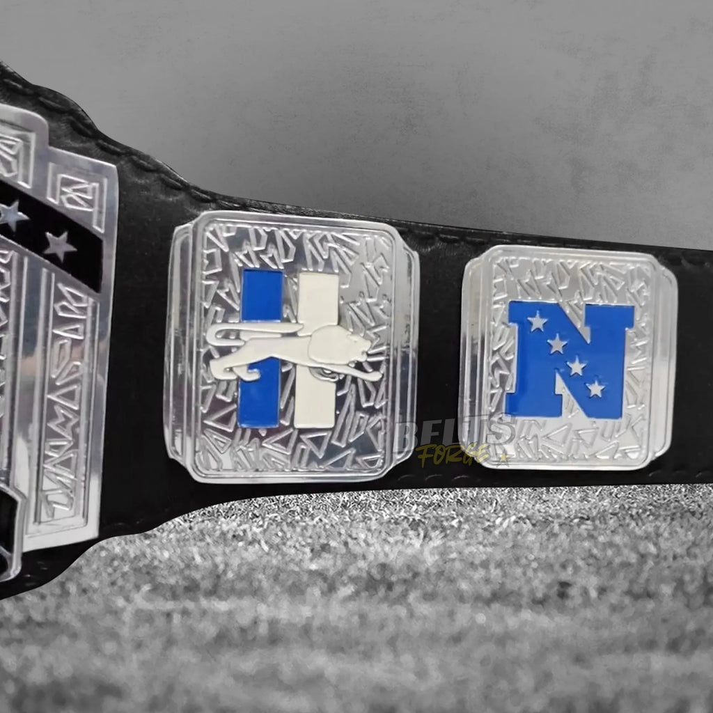 Detroit Lions championship belt NFC side plate detail showing gold-plated brass NFC plate on Honolulu blue leather strap