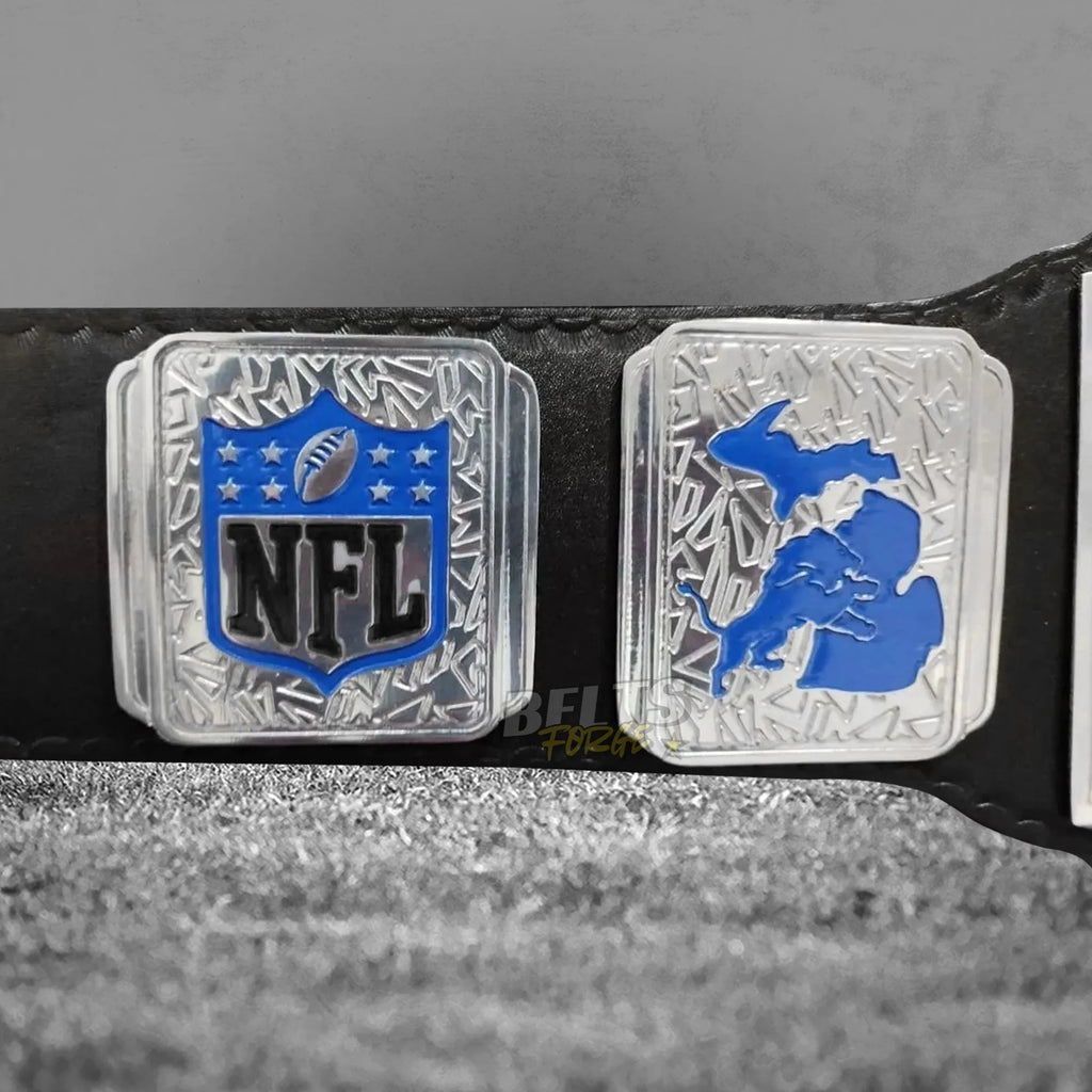 Detroit Lions championship belt NFL and team plate detail showing gold-plated brass Lions logo and NFC plate close-up
